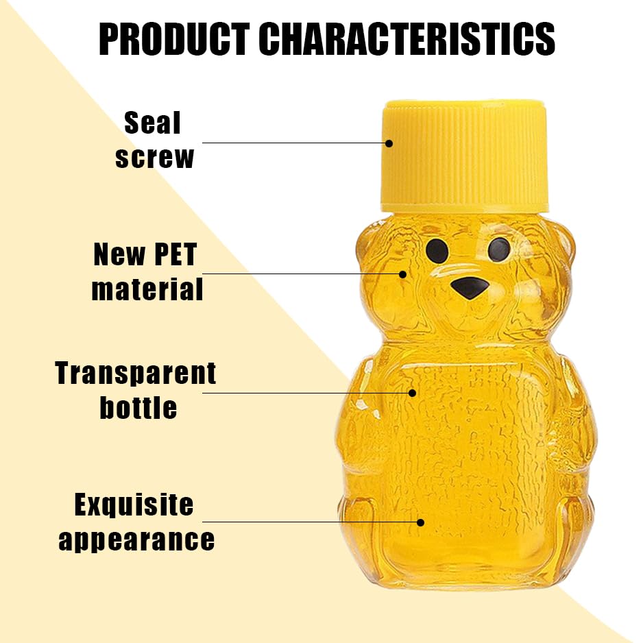 12 Sets 2oz Honey Bottles, Bear Shape Clear Empty Honey Jar with Screw Lid,Plastic Mini Honey Jars Party Favors for Storing and Dispensing (Yellow)