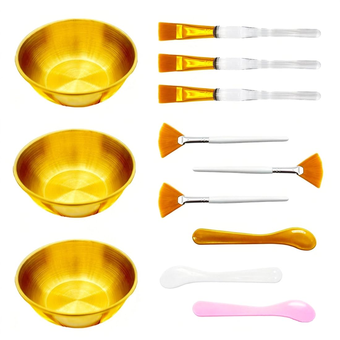 12 Pcs Gold Facial Bowl and Brush Set – 3 Stainless Steel Mixing Bowls, 3 Flat Brushes, 3 Fan Brushes, 3 Mask Applicators – Complete Esthetician Kit for Professional Spa & DIY Skincare 12 Pcs Gold Facial Bowl and Brush Set – 3 Stainless Steel Mixing Bowls, 3 Flat Brushes, 3 Fan Brushes, 3 Mask Applicators – Complete Esthetician Kit for Professional Spa & DIY Skincare