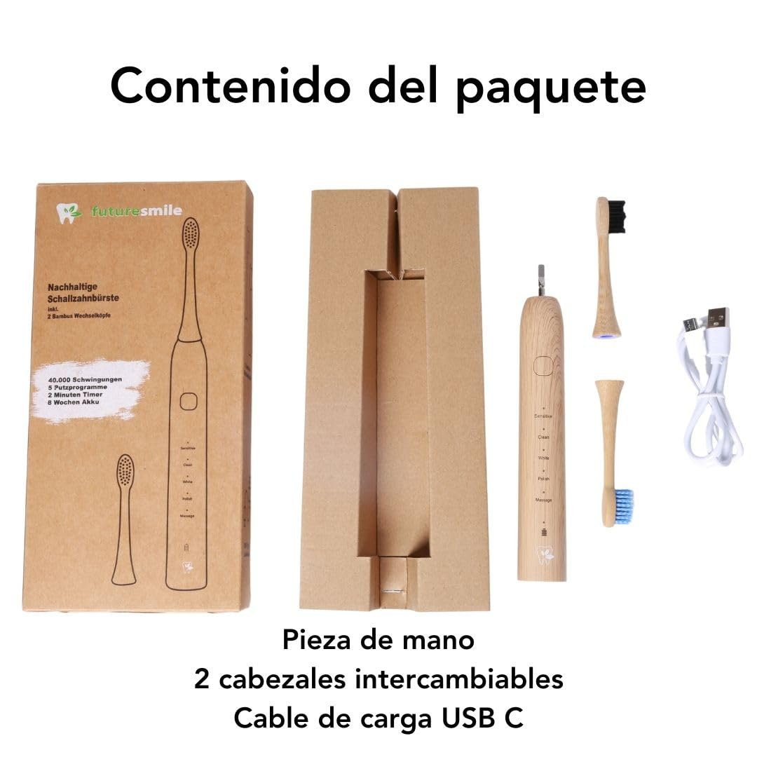 Cepillo de dientes sónico LULA: eficaz eliminación de placa y limpieza suave. Incluye 2 cabezales de cambio de bambú sostenibles, carga rápida con USB-C para hasta 8 semanas de duración de la batería.