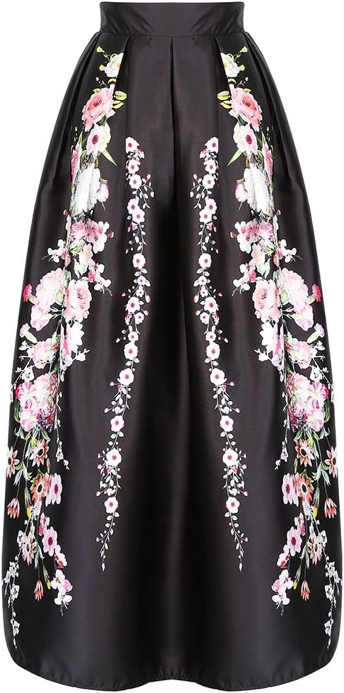 Choies Women's High Waist Sakura Print Flared Maxi A-line Skirt M Black