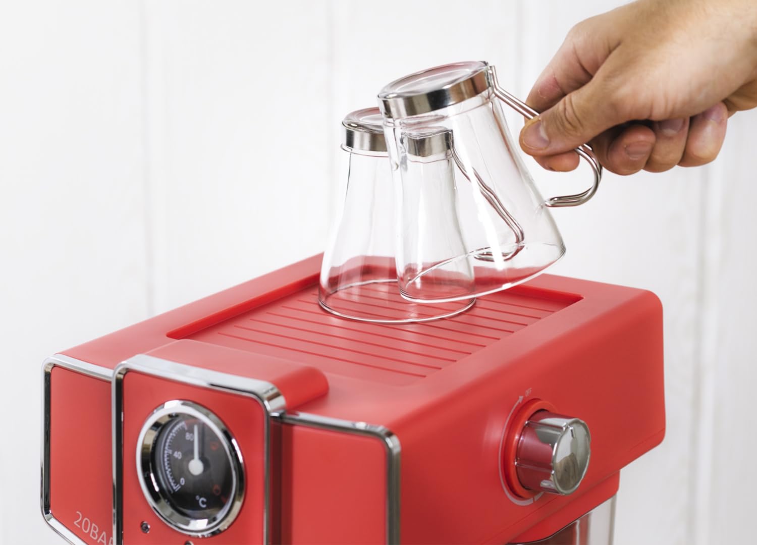 ECODE® Cafetera Express con 20 Bares de Presión y 1050 W, Vaporizador, Deposito de 1.5L, Calientatazas, Termometro, Brazo Doble Salida, Dosificador con Prensador, Mono/Doble dosis - Delice Rosso