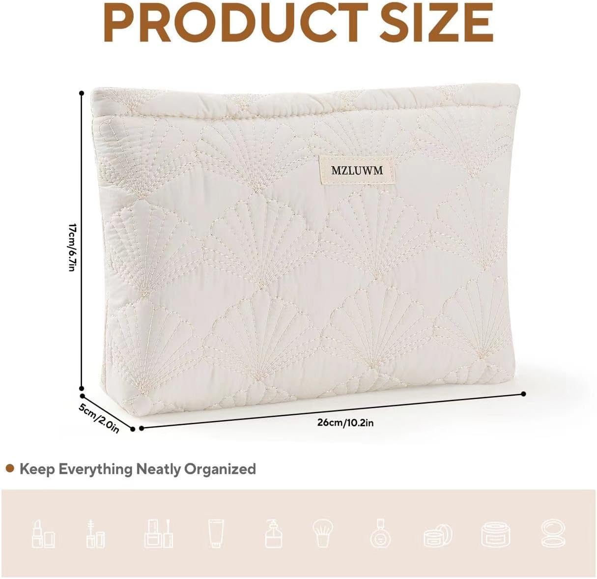 White Cotton Quilted Makeup Pouch，Cute Puffy Coquette Makeup Bag,Floral Cotton Quilted Cosmetic Bag for Women and Girls,Makeup Organizer Bag Zipper Pouch (White Shells)