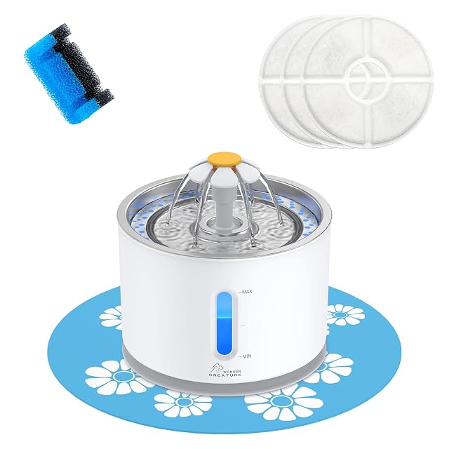 Wonder Creature fontaine à eau pour chat, couvercle acier inoxydable, 81 oz/2,4 L (3 filtres inclus)