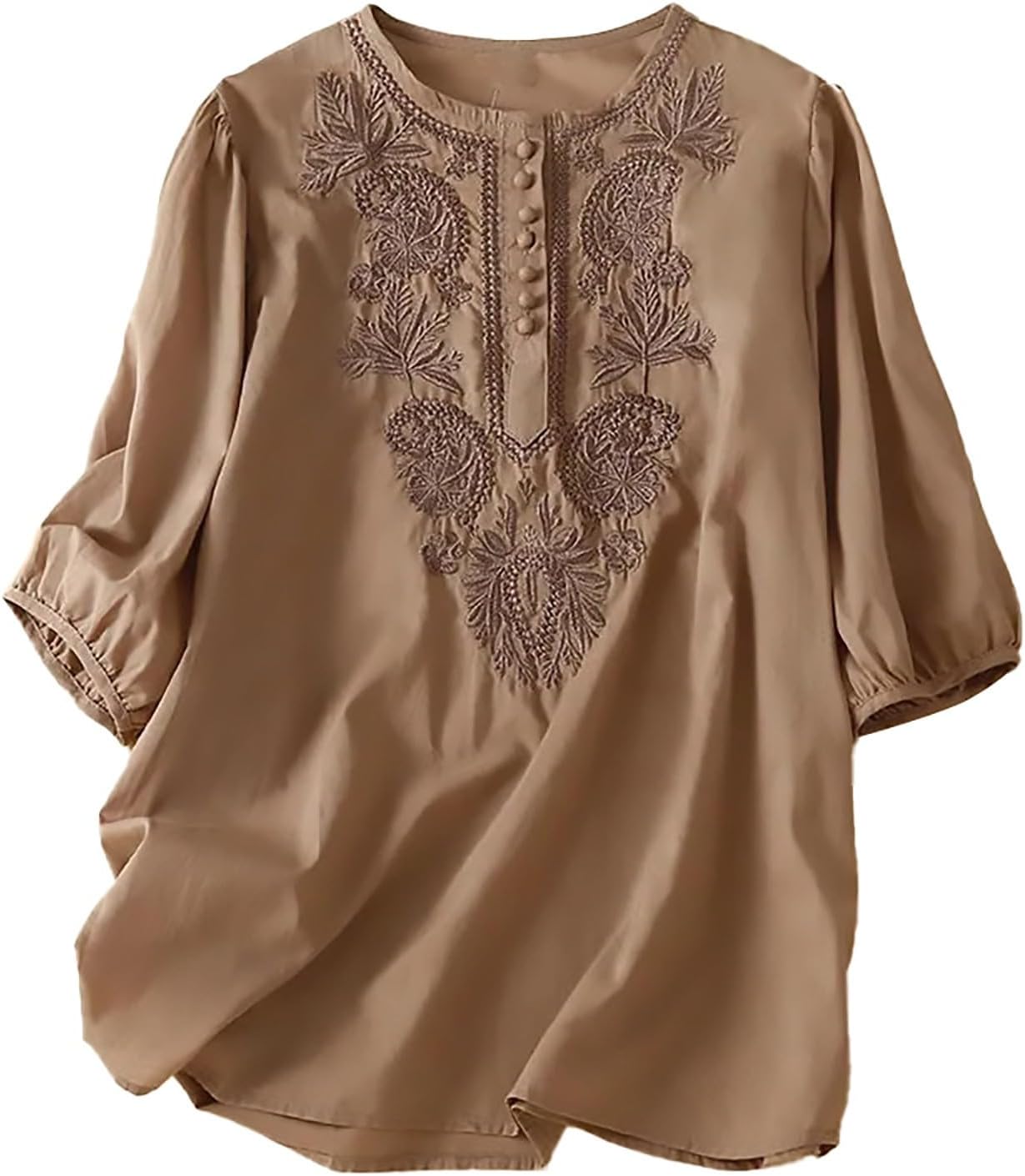 Women's Embroidered Blouse Cotton Linen Short Sleeve Button Peasant Boho Mexican Tunic Top Casual T Shirts