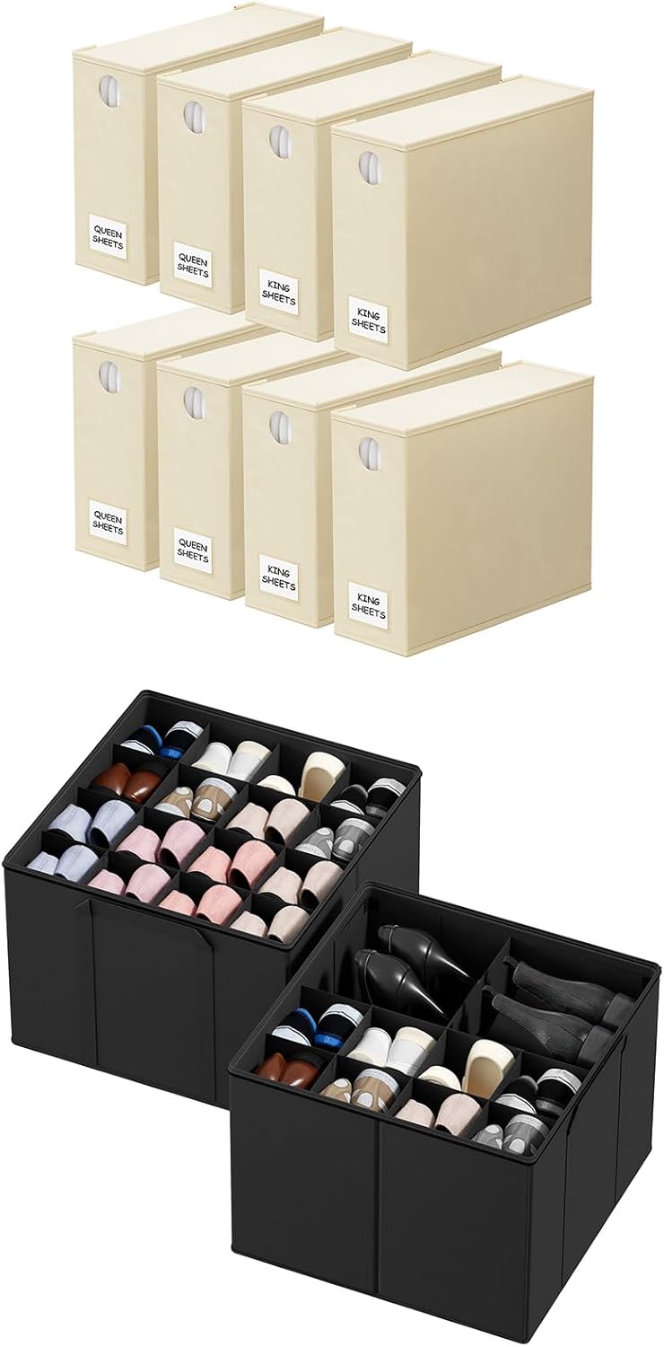 SpaceAid 8 Pack Bed Sheet Organizers and Storage, Shoe Organizer for Closet, 2 Pack Foldable Shoe Storage