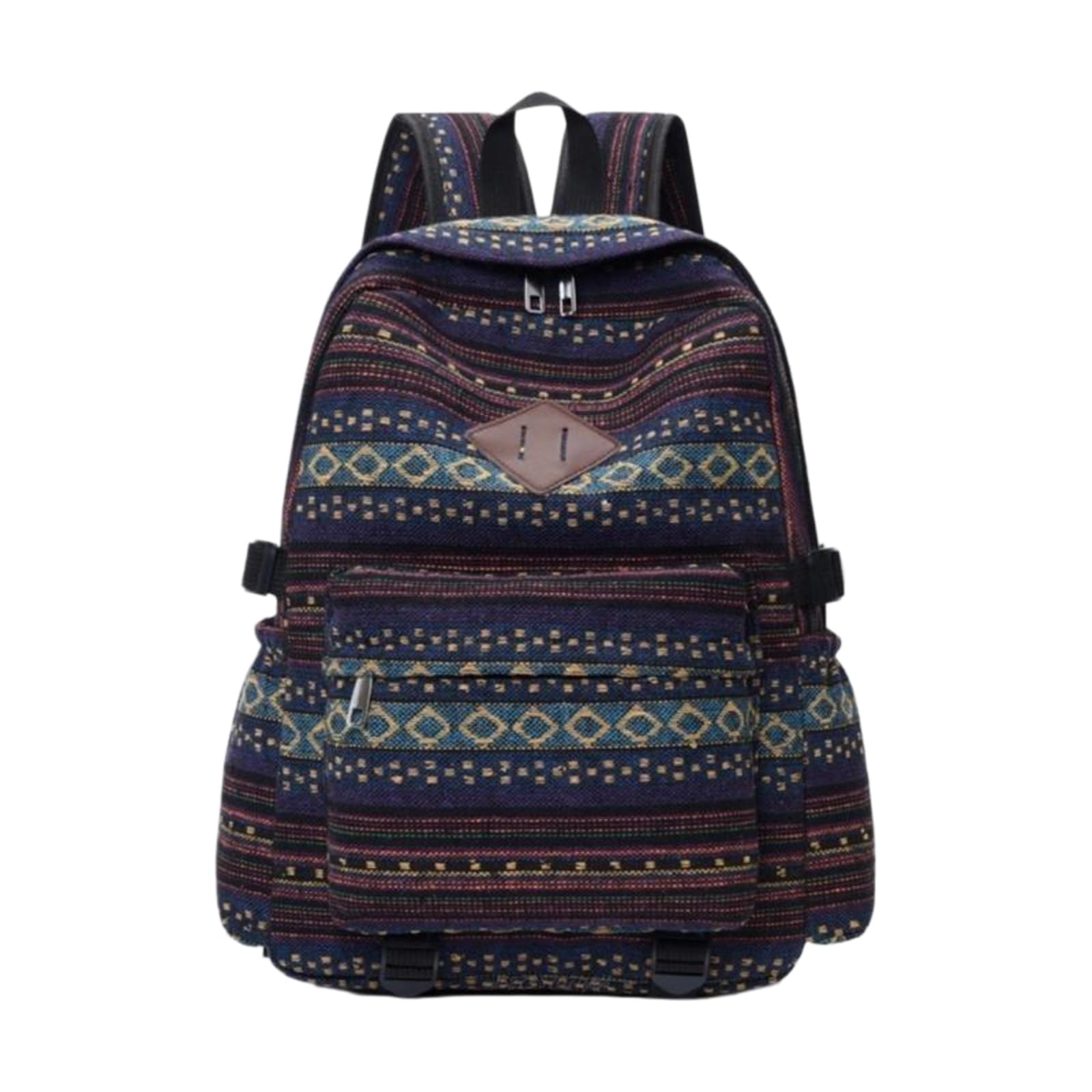 Zaino da Viaggio Etnico Tessuto in Pelle Patch Tasca Anteriore Regolabile Cinturine Fibbia Laterale-Khaki
