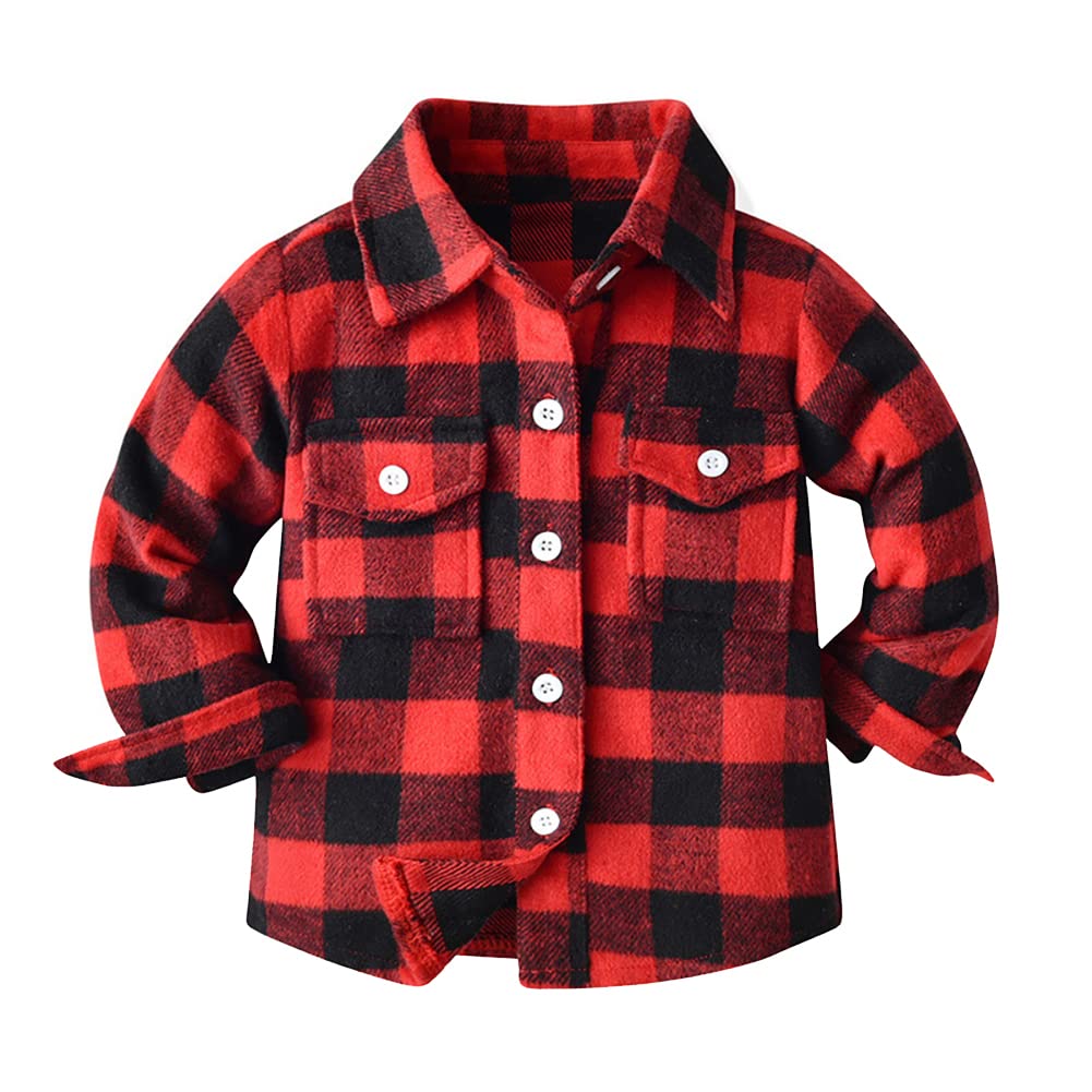 IBTOM CASTLE Boys Girls Flannel Plaid Shirt Jacket Long Sleeve Lapel Button Down Pocketed Shirts Regular Fit Casual Fall Coat
