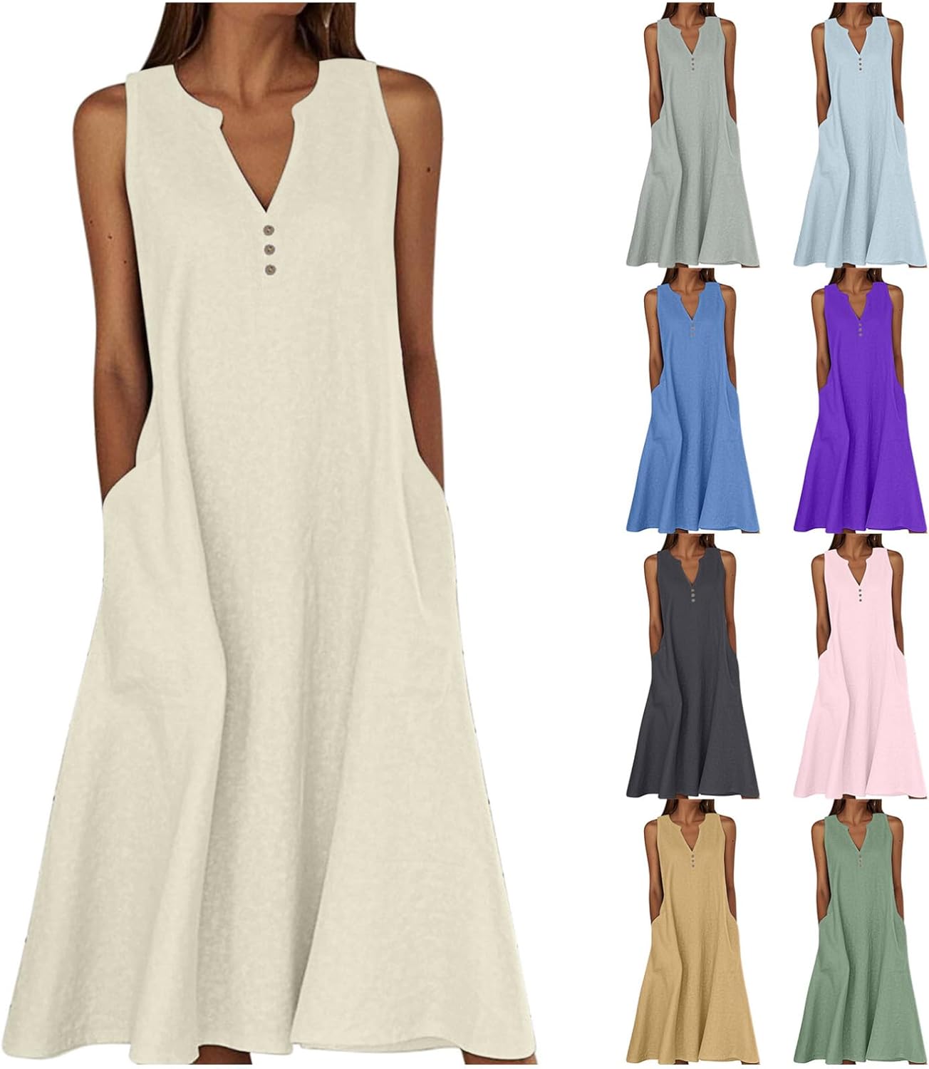 Linen Dresses for Women Summer Sleeveless V Neck Tank Dress Loose A-Line Midi Long Beach Sundresses with Pockets