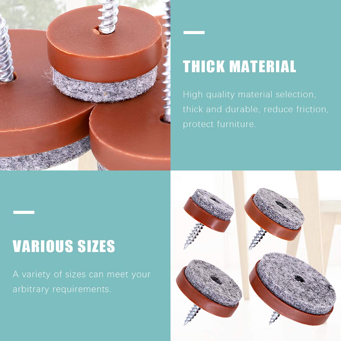 Swpeet 72Pcs Brown Furniture Felt Pads Assortment Kit Non Slip Furniture Pads with Screw-on Felt Pad Furniture Slider — view 4