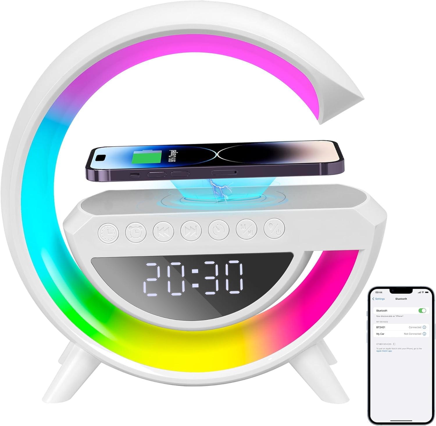 Lámpara con Cargador Inalámbrico 15W, Estación de Carga con Altavoz Bluetooth, Despertador Digital con Luz RGB y Luz Nocturna, Multifuncional para Dormitorio, Camping y Viajes