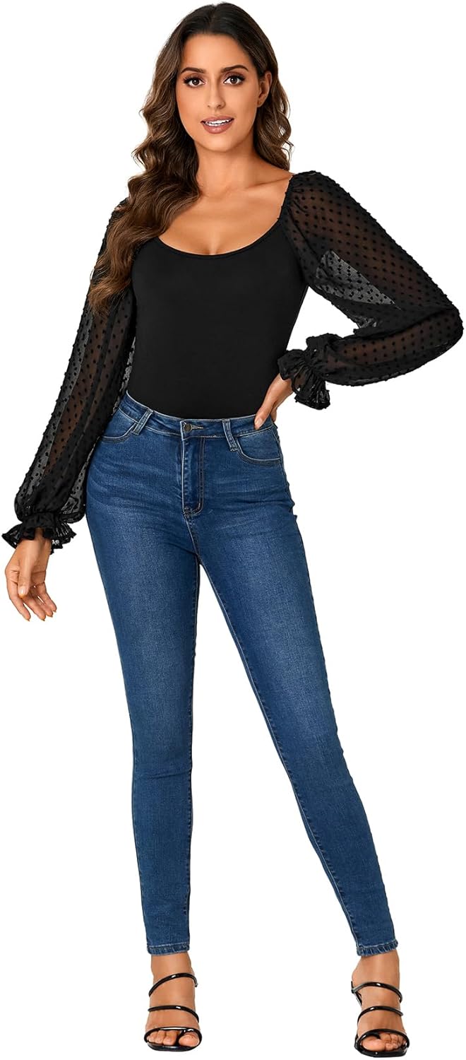 Rooscier Women's Mesh Long Sleeve Shirts Dressy Casual Swiss Dots Blouses Tops - Image 6