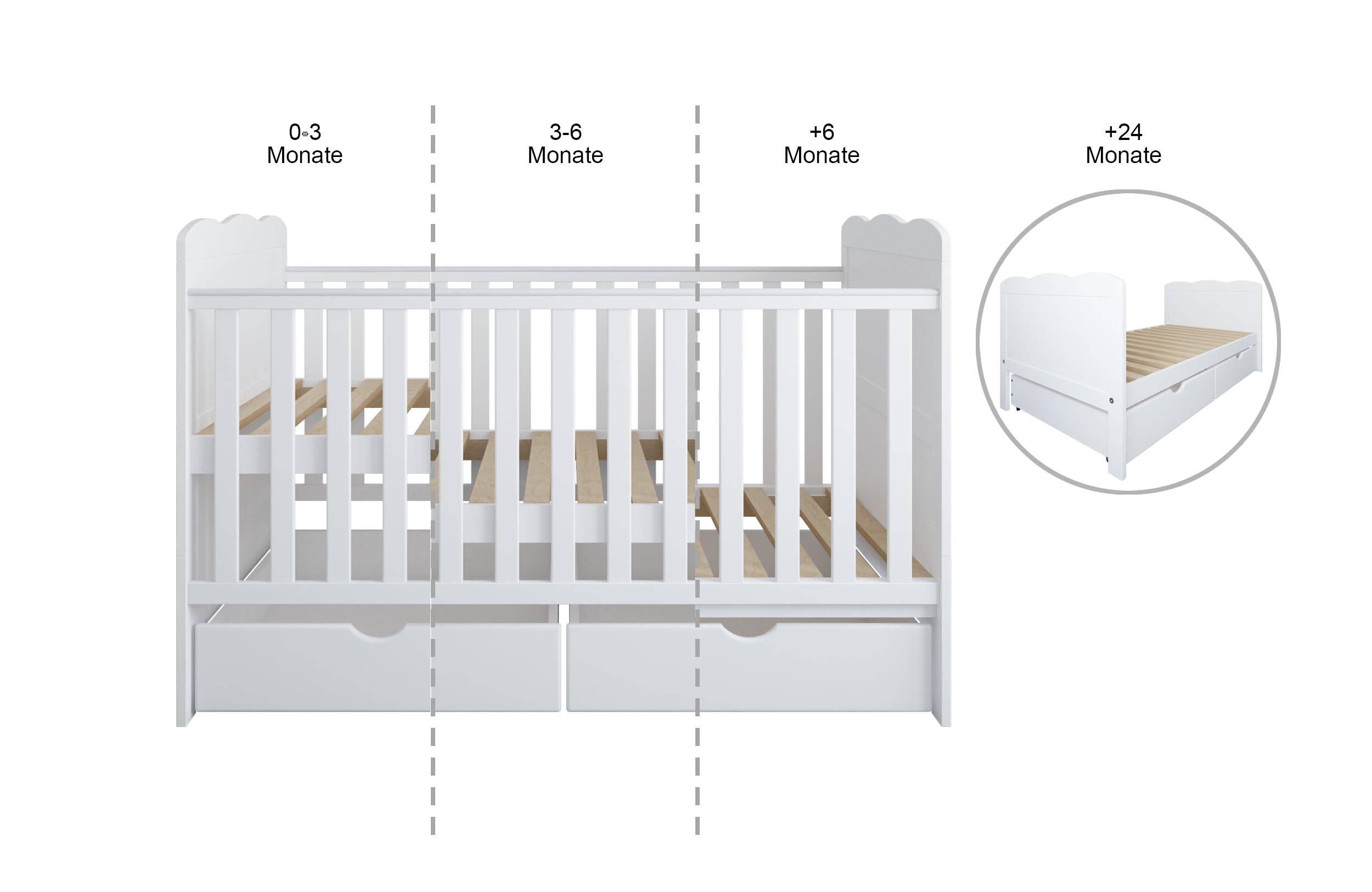 zee Cuna Bebé Blanca 140x70 Isabel 2 en 1 con Cajones