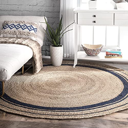 Image of Jute Braided Natural Hand Woven & Reversible Rug for Living Room Kitchen Entryway, Farmhouse Rustic Burlap Carpet Floor Mat (Blackjute, 120cm)