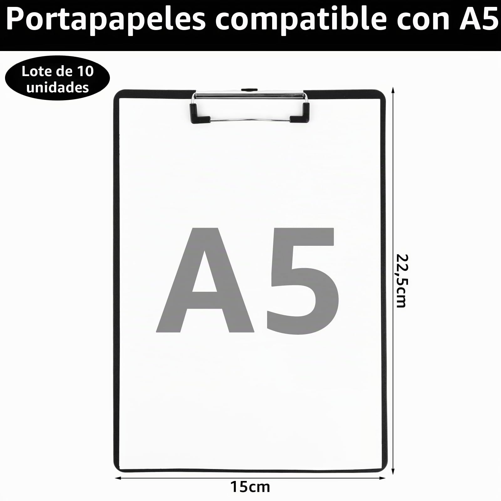 10 Piezas Portapapeles A5 de Plastico Negro, Portapapeles con Pinza A5 de Metal, Tablero de Escritura 15 x 22,4 cm para Escuela, Oficina, Casa y Formularios