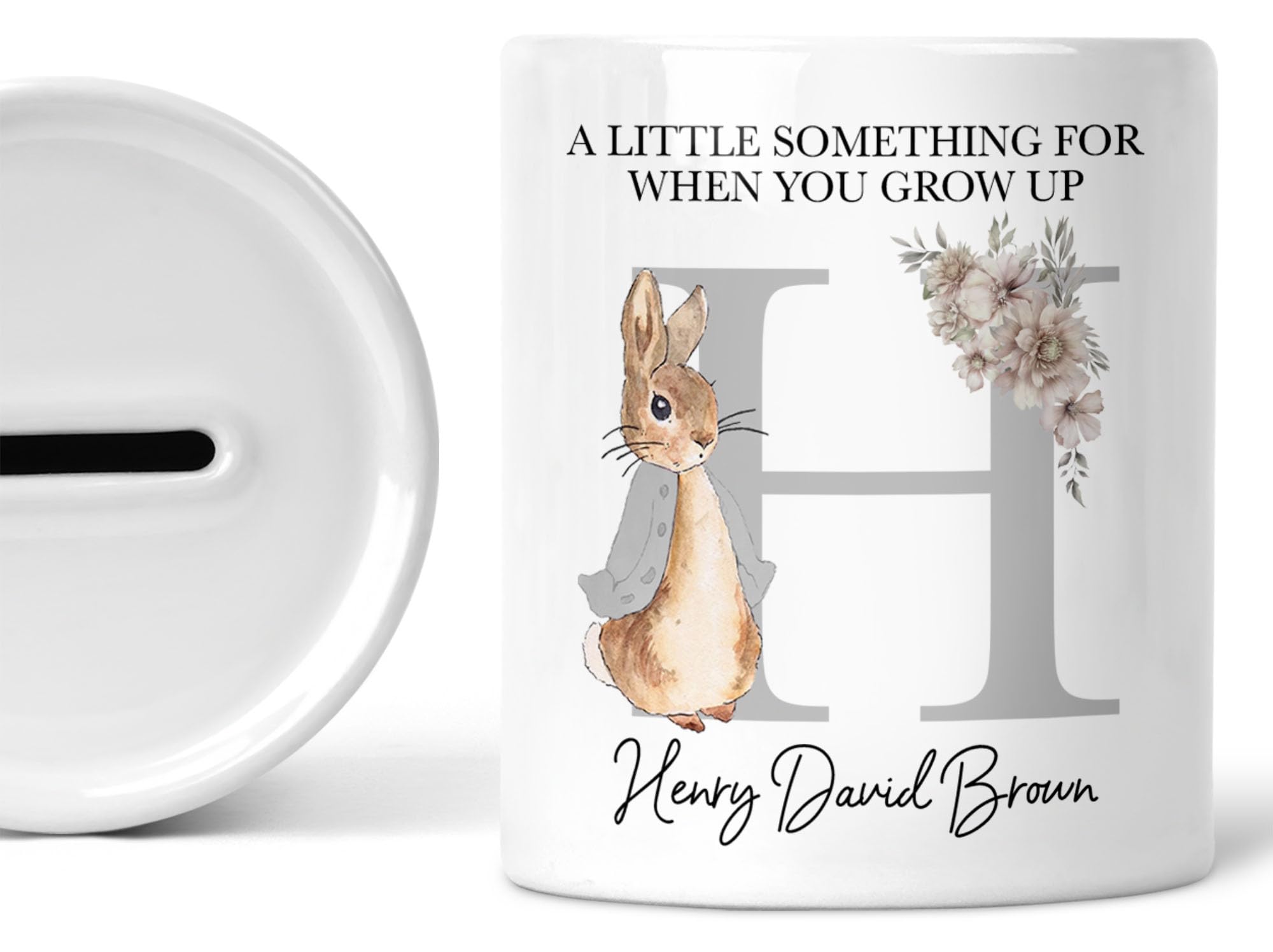 Personalised New Baby Money Box, Custom Name Gift, Baby's Piggy Bank, Flopsy Rabbit, Christening, Baby Girls, Boys, Baptism, Keepsake (NATURAL)