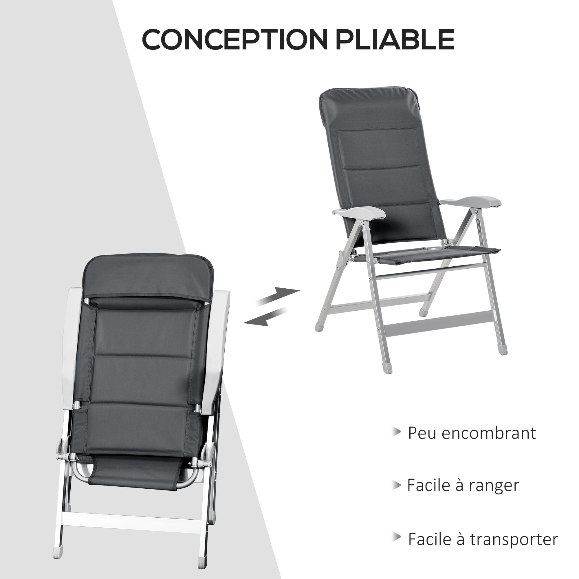 Outsunny Lot de 2 chaises de Jardin Pliantes Fauteuil d'Extérieur Gris