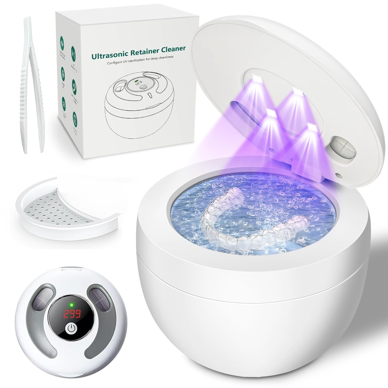Ultrasonic Retainer Cleaner Machine 45kHz, UV Denture Cleaner with 4 Modes Digital Timer, Portable 200ML UltraSonic Cleaning Pod for Night Mouth Guard, Aligner, Braces, Toothbrush, Jewelry and More-image-8