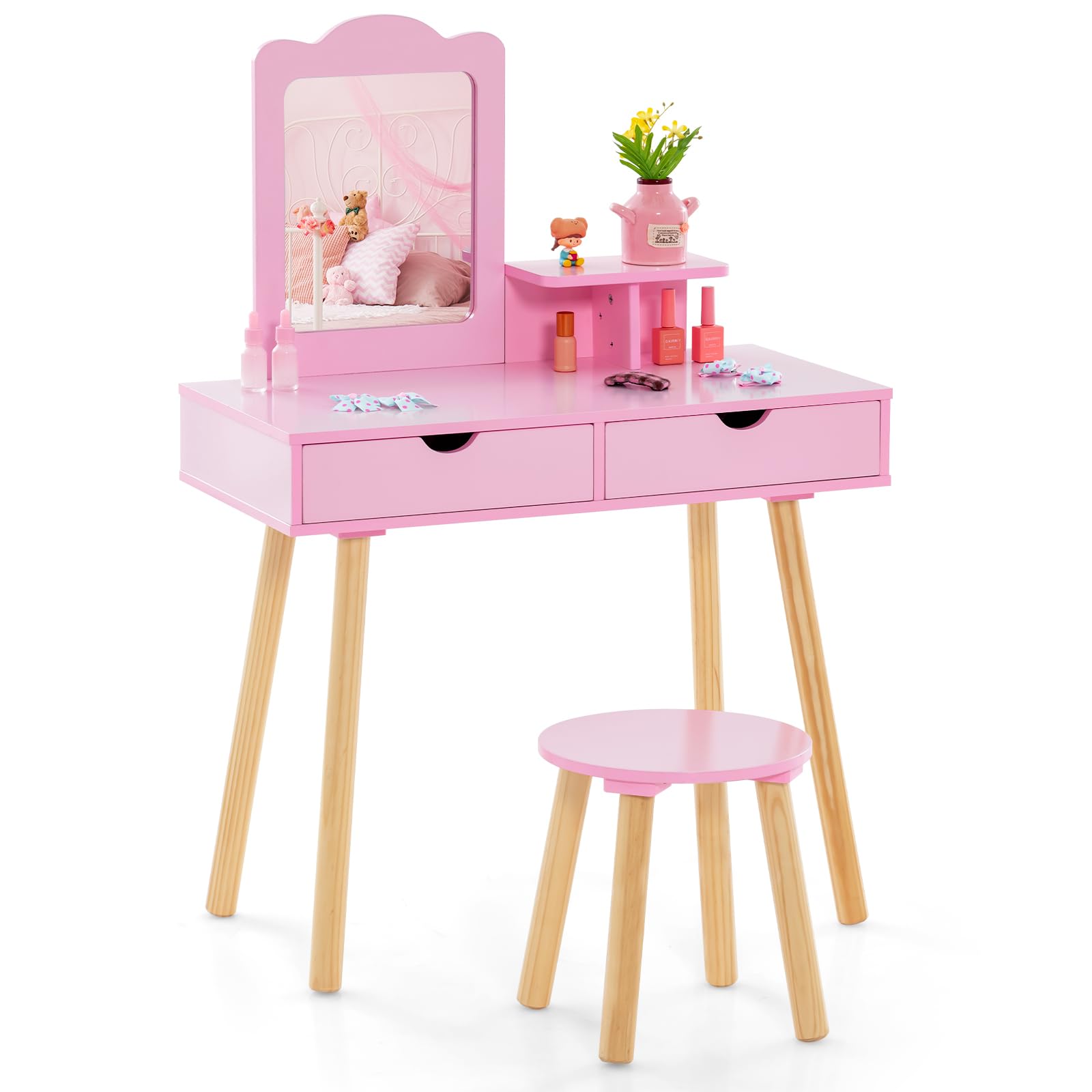 COSTWAY 2 in 1 Set Toeletta per Bambini, Postazione Trucco in Legno con Sgabello, Specchio Rettangolare Staccabile e 2 Cassetti Capienti, Ideale per Bambini dai 3 ai 7 Anni (Rosa Scuro)