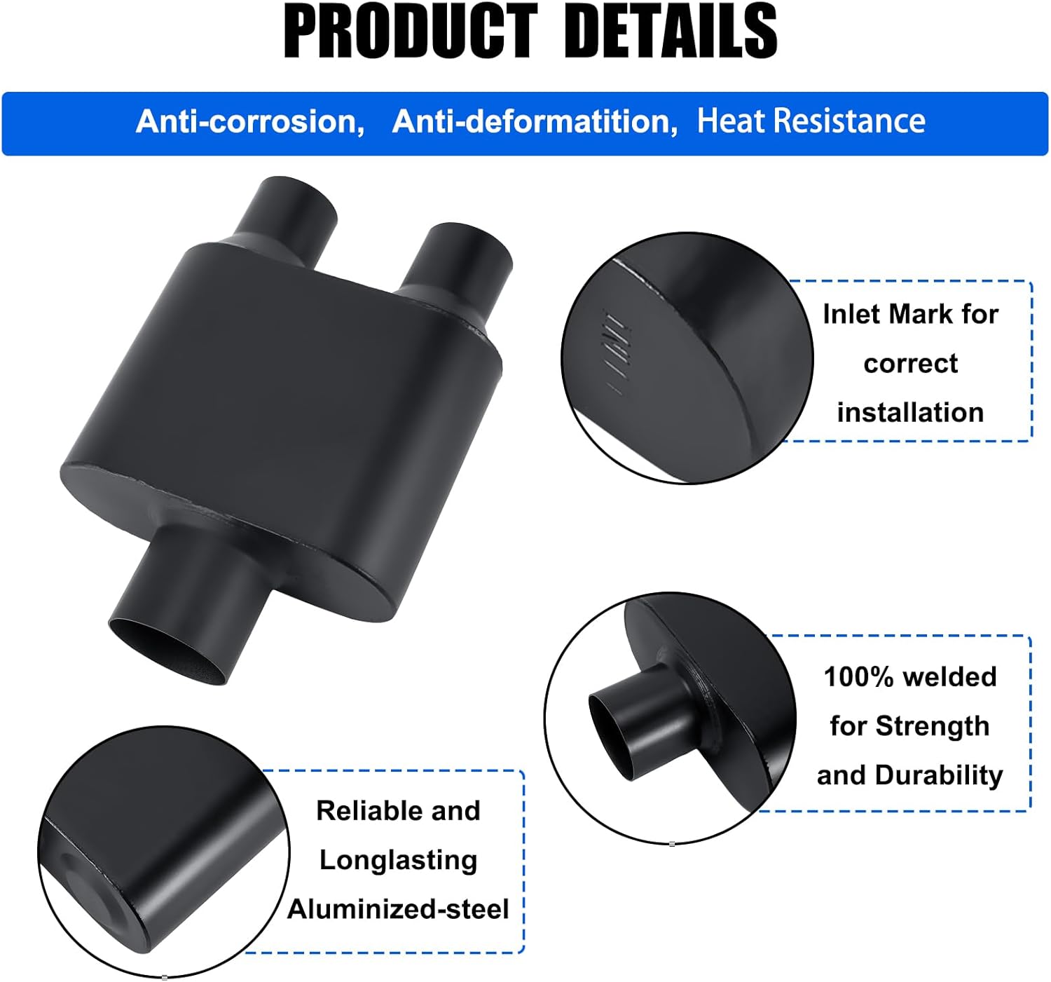 Universal Mufflers,Performance Automotive Exhaust Muffler, Single Chamber 3" (ID) center in 2.25" (ID) dual out (Black)