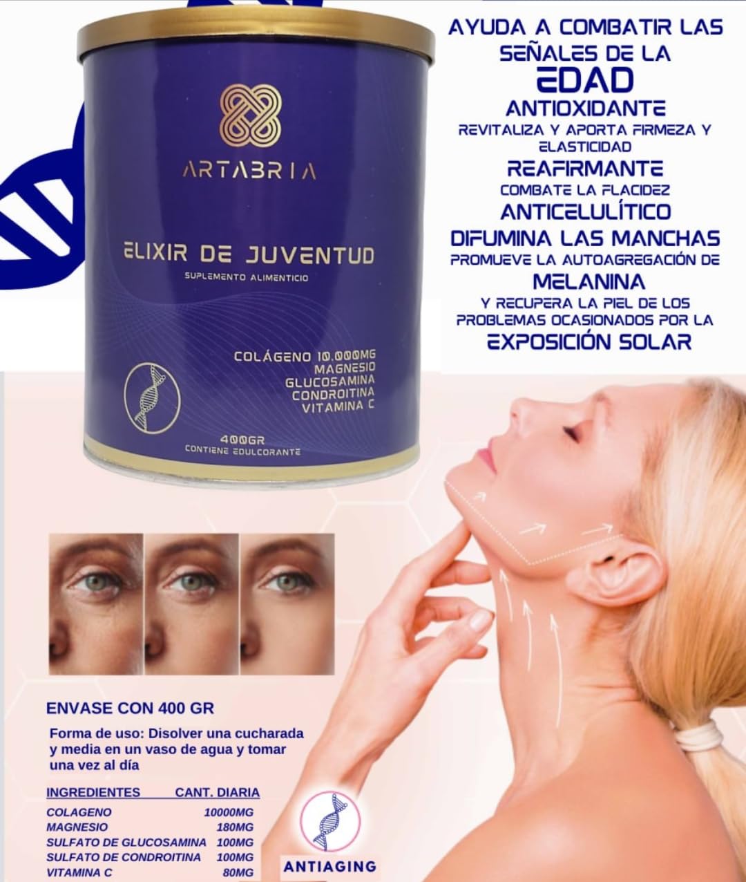 Colageno Artabria en Polvo Con Magnesio Y Vitamina C, Cuidado de la Piel, Cabello Y Uñas. Piel Luminosa y con Menos Arrugas, 400gr. Pack Hipnotik Casuality