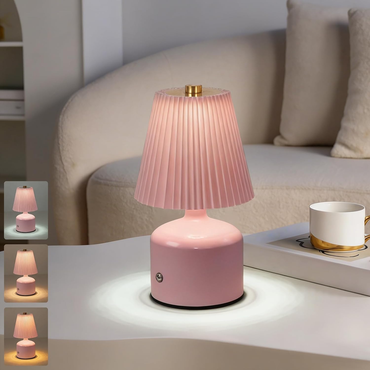 Small Cordless Table Lamp, Touch Lamps for Nightstand 3 Color Stepless Dimming, Metal Base Pleated Rechargeable Lamp for Bedside, Bedroom, Dining Room, Living Room (Pink)