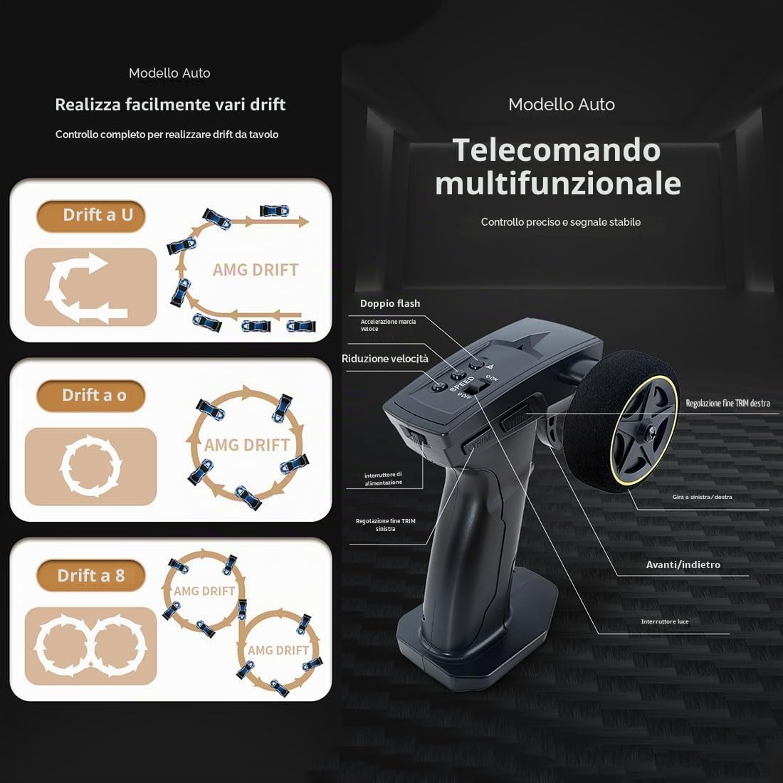 Modellino di Auto da Corsa Mini Drift RC Elettrica con Kit Luci 1/43 Scala 2.4G Proporzionale Completo (Versione RTR/Nero & Bianco) (Nero & Bianco（Versione Giroscopio）)