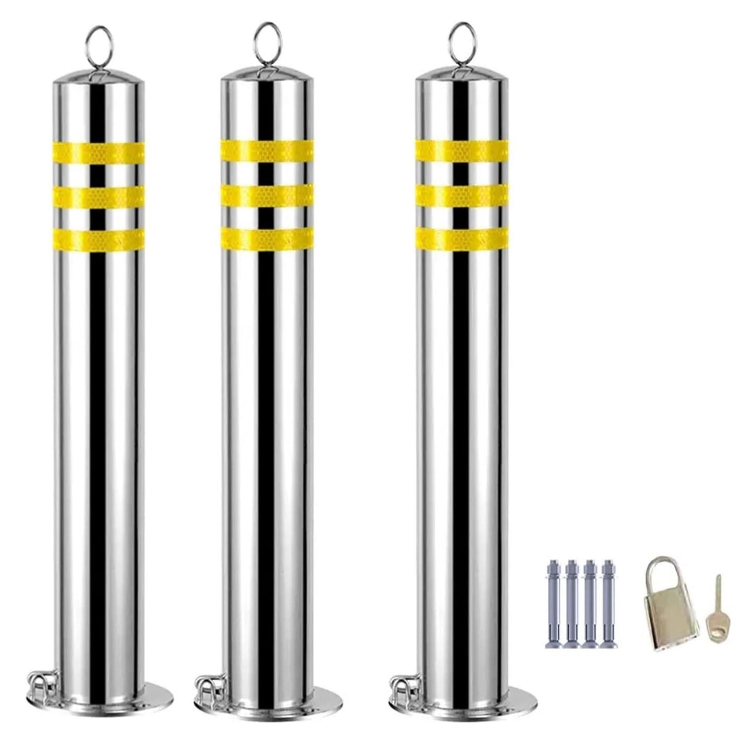 WOTZOV Traffic Delineator Post Cone Stainless Steel Reflective Bollards For Driveway, Heavy Duty Traffic Safety Bollard With Expansion Bolts For Protect Parking Space,3pack 75cm/29.5in