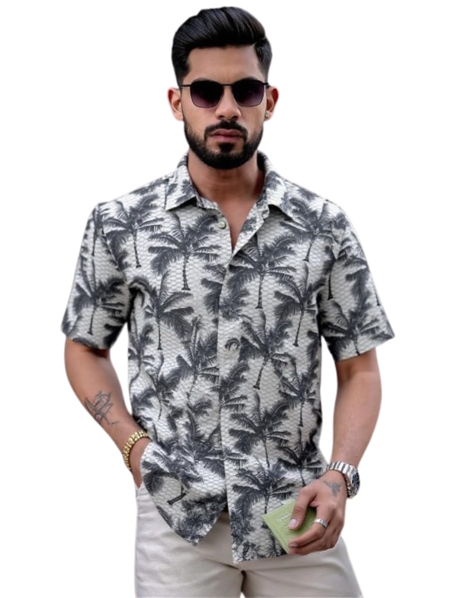 TOUGHTEES Men's Tropical Palm Tree Shirt Casual Hawaiian Short Sleeve Button-Down Lightweight Printed Resort Beachwear for Summer, Vacation & Travel Stylish Regular Fit Shirt (Grey - 3XL)