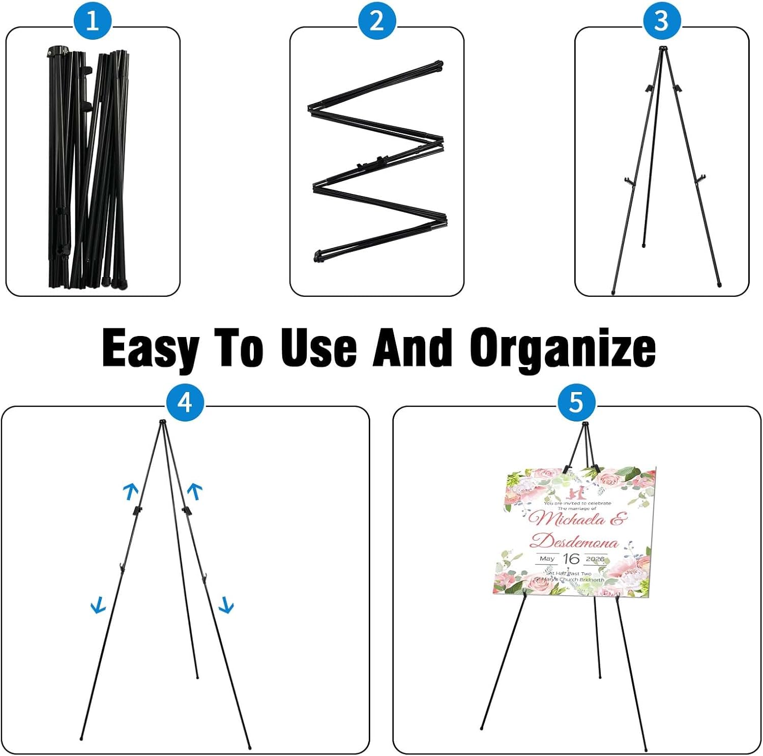 6 Pack Easel Stand 63" Folding Easels for Display, Portable Floor Standing Tripod Black Easel, Welcome Sign Stand for Wedding, Painting, Arts & Crafts (with Clips)
