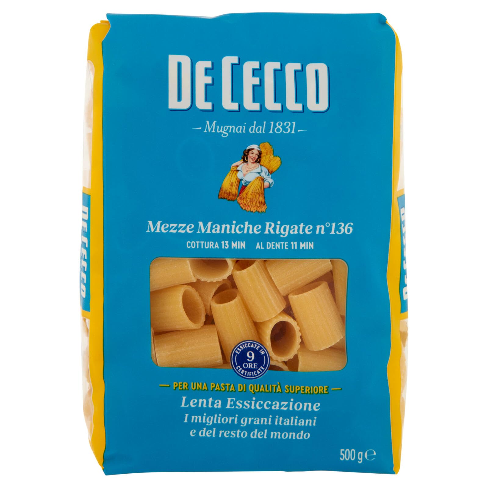 De Cecco Mezze Maniche Rigate n°136 - Pasta 24 x 500 g | Secado lento | Sémola de trigo duro de alta calidad | Horneado 13 min (al diente 11) | Ideal salsas & gratins + Italian Gourmet polpa 400g