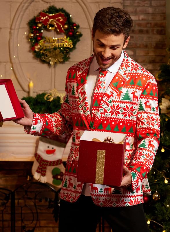 Men Xmas Jacket Ugly Christmas Suit Long Sleeve Red Novelty Pixel Reindeer Button Blazer with Tie XL3