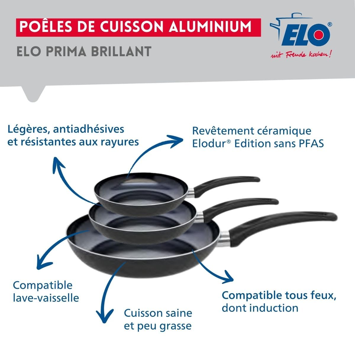 Elo Batterie cuisine 3 poêles 20/24/32 cm et 2 faitouts 16/20 cm