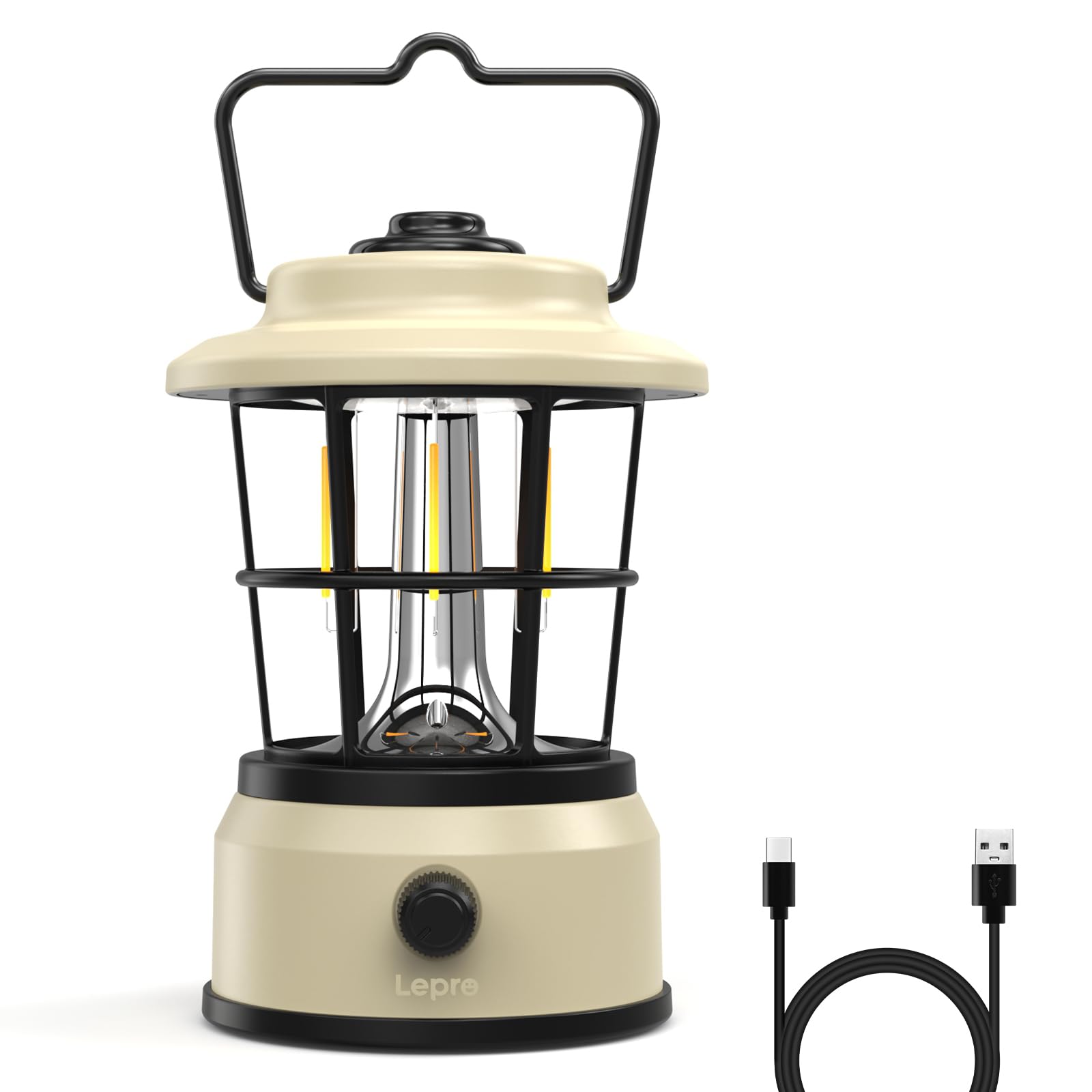 Lepro White Rechargeable Camping Lantern, 300Lm Retro Camping Tent Light With Knob Control, Dimmable Warm & Cool Type-C Charging, 3600Mah Portable Hanging Lamp For Power Cuts, Garden, Fishing,