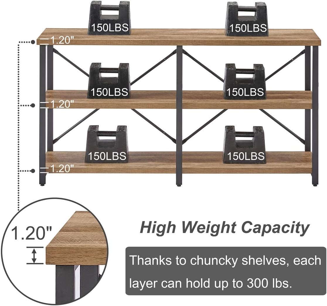 BON AUGURE 55 Inch Rustic Console Table for Entryway, Industrial Sofa Table with Shelves, Long Behind Couch Table for Living Room, 3 Tier Hallway Table for Entry (Vintage Oak)