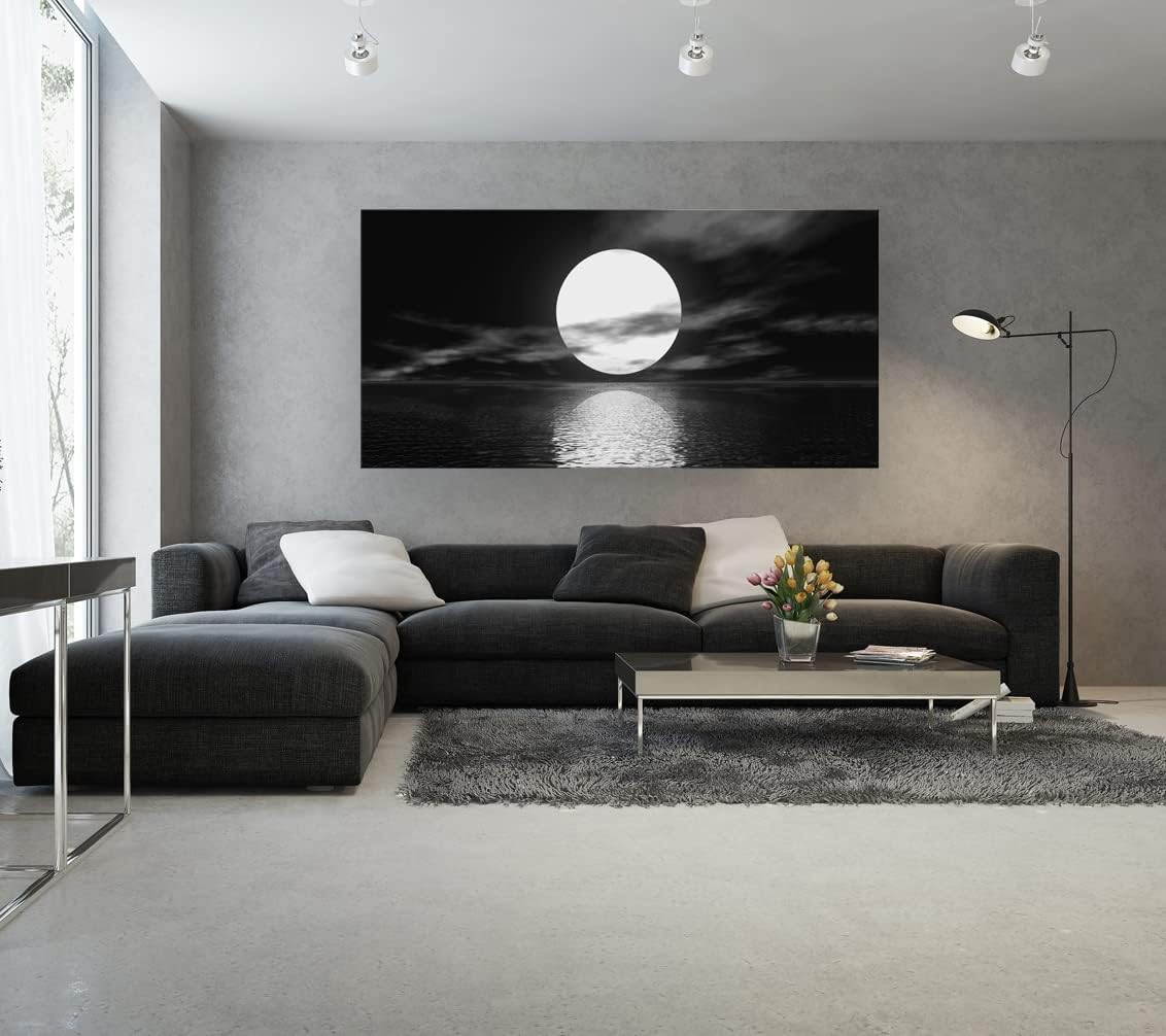 Cao Gen Decor Art S06475 Wall Art Canvas Sea White Full Moon in Night Picture Canvas Poster Print Black and White Ocean for Living Room Bedroom Kitchen Home Decorations Framed Artwork
