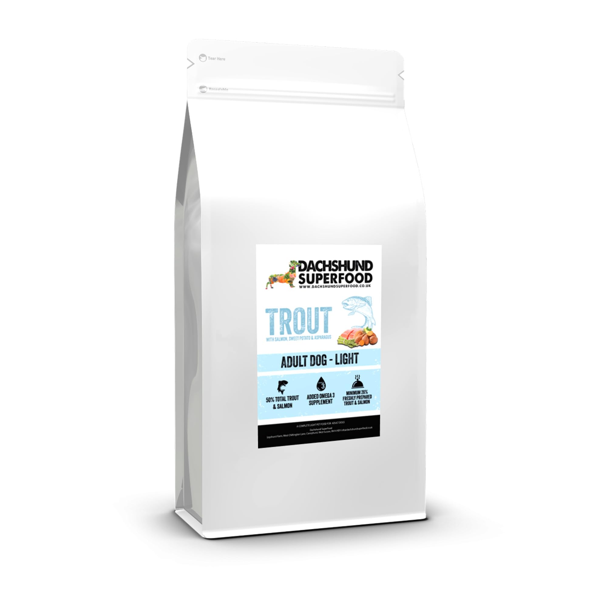 DACHSHUND SUPERFOOD Dog Food, Light Trout & Salmon Kibble, Adult, Grain Free, Weight Management, Small & Medium Breeds, 2kgs, 6kgs, 12kgs