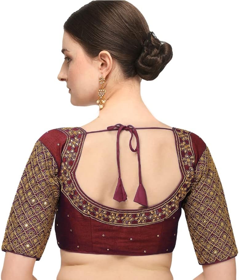 Pujia Mills Women Stylish Readymade Embroidery Half Sleeve Blouse for Saree