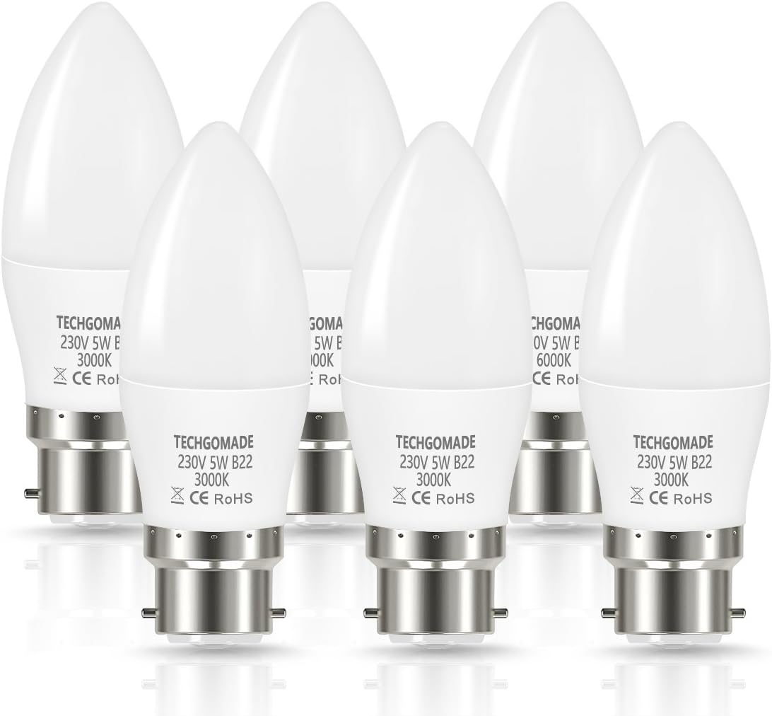 Techgomade B22 Led Light Bulb 5W (40W Equivalent), 3000K Warm White B22 Candle Bulb, Brighter 500LM C37 Bayonet Bulb, Non Dimmable, Ideal for Living Room, Dining Room, Kitchen-6 Pack [Energy Class F]