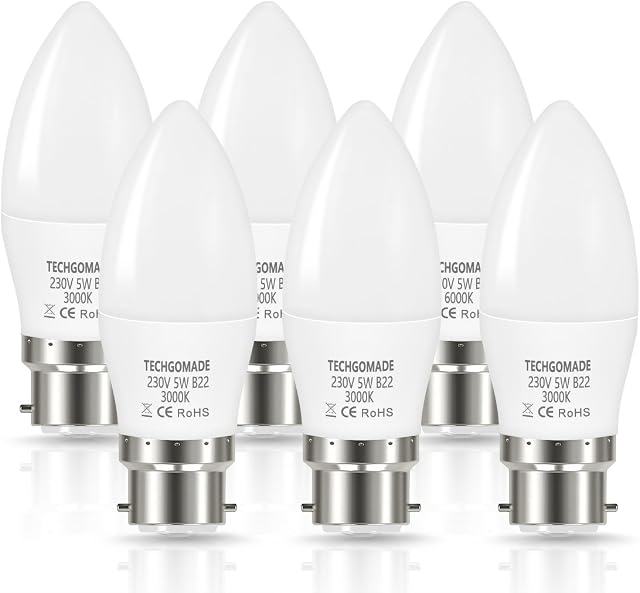 Techgomade B22 Led Light Bulb 5W (40W Equivalent), 3000K Warm White B22 Candle Bulb, Brighter 500LM C37 Bayonet Bulb, Non Dimmable, Ideal for Living Room, Dining Room, Kitchen-6 Pack