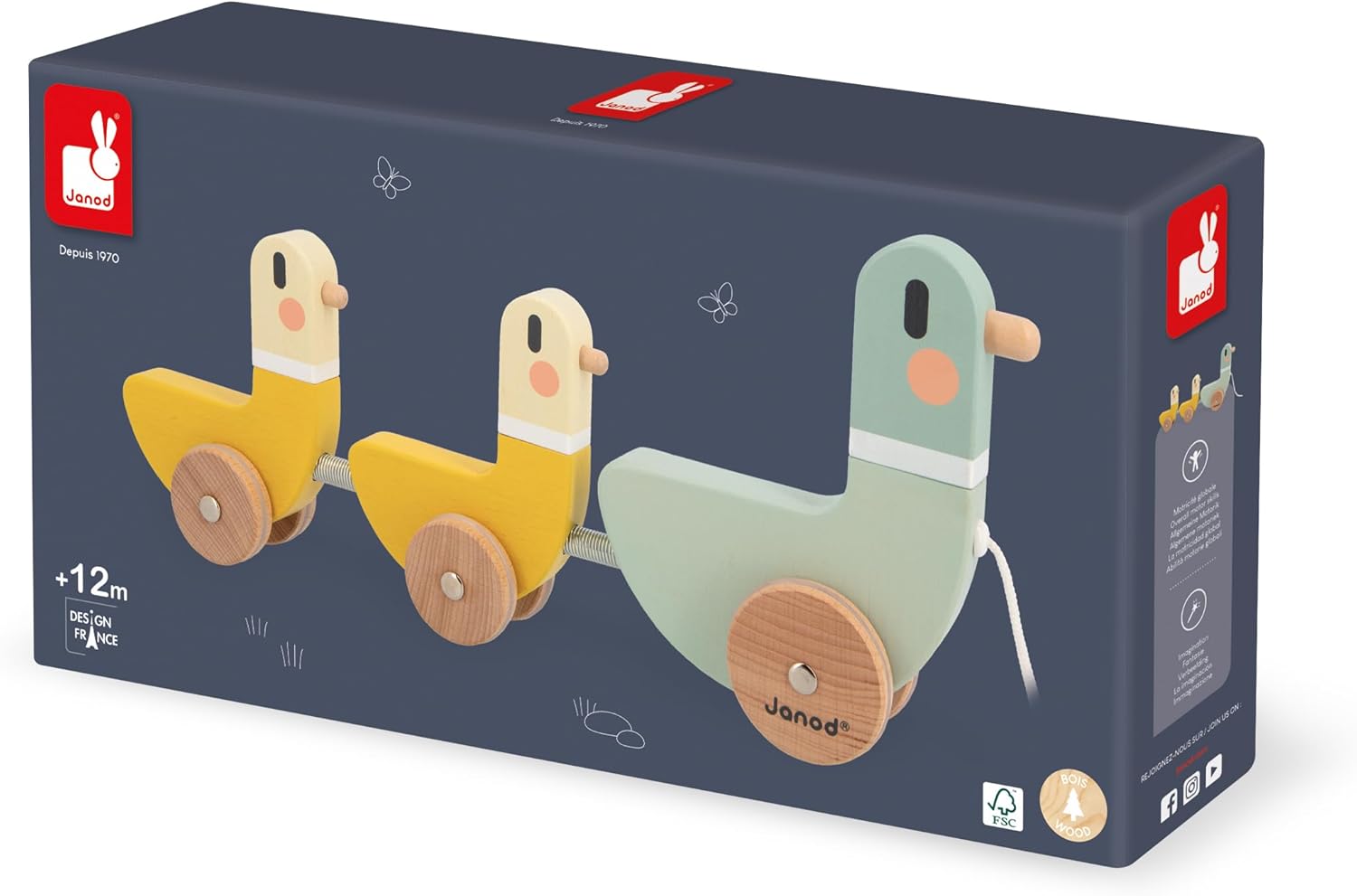 Janod - J04051 - 3 Sweet Cocoon Pulling Ducks - Develops Motor Skills - FSC Wood Toy and Water Paint - From 12 Months, Green/Yellow
