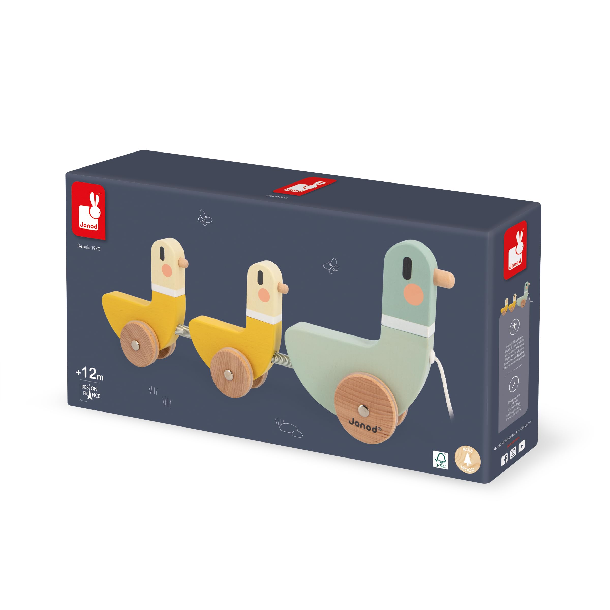 Janod - 3 Canards à Tirer Sweet Cocoon - Jouet d'Éveil - Développe la Motricité - Jouet en Bois FSC et Peinture à l'eau - Dès 12 Mois,J04051