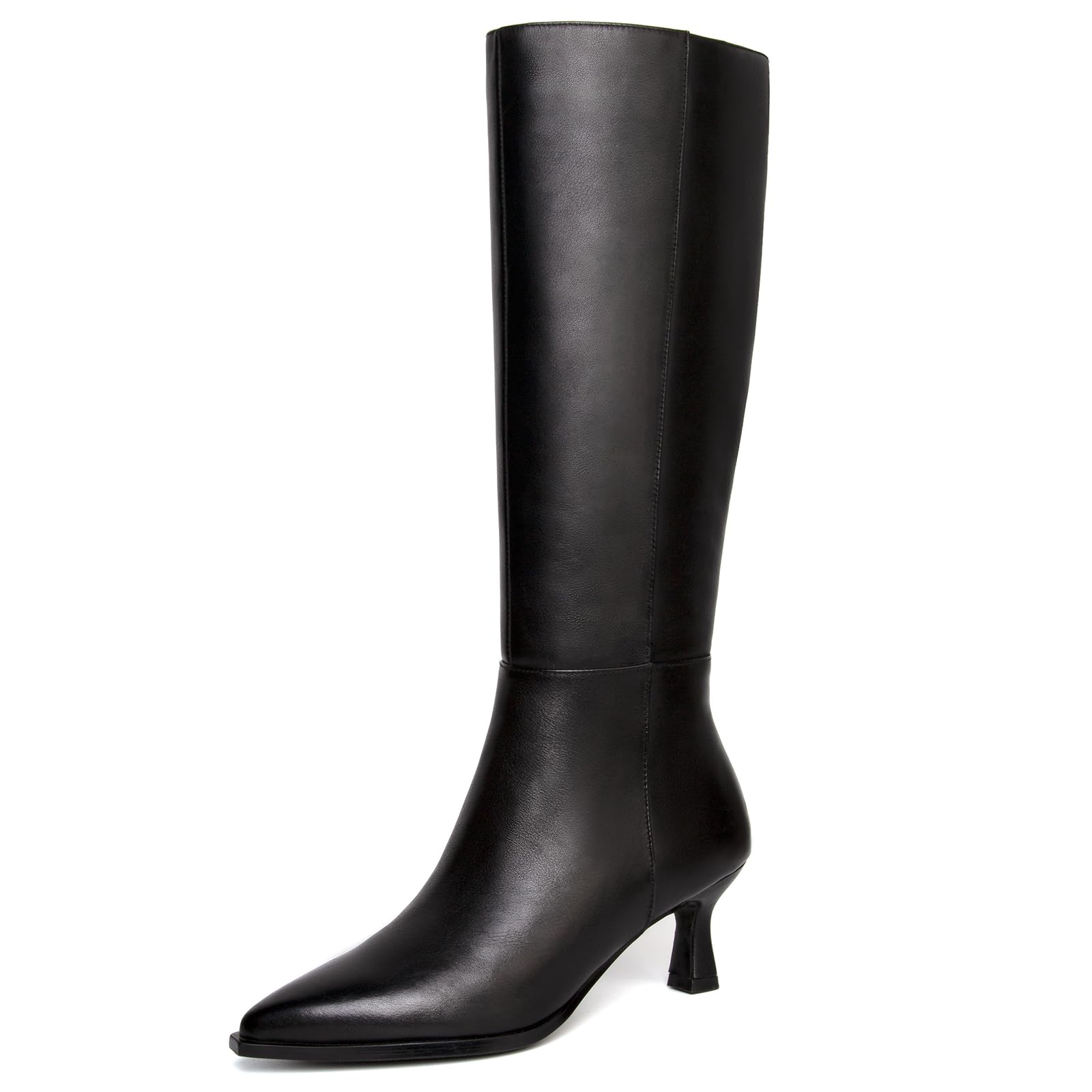 SUIARA Kitten Heel Knee High Boots Women-Pointed Toe Faux Leather Stiletto Side Zipper Long Tall Dress Boot