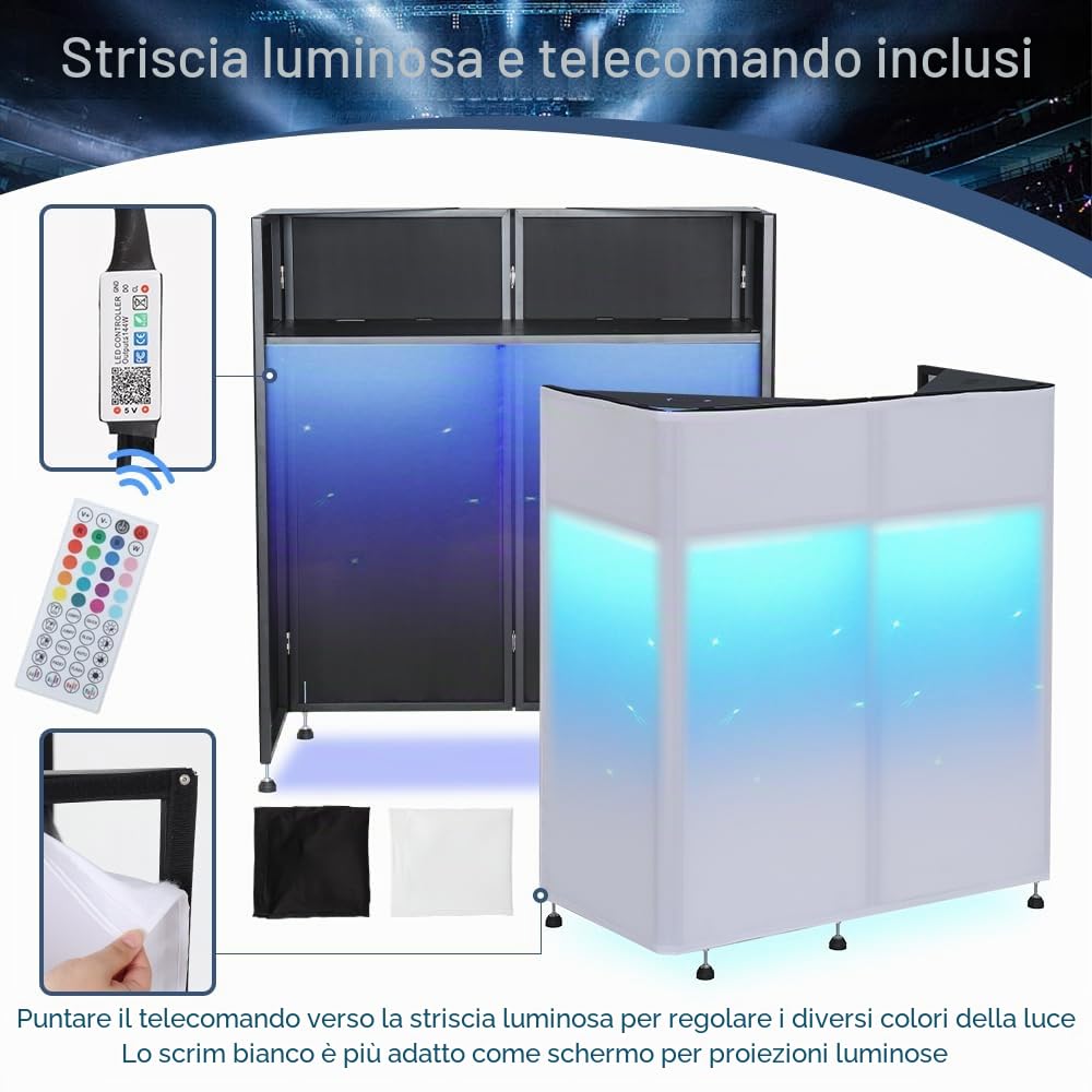 Kokorona Cabina DJ portatile 108 x 51 x 115 cm con doppio angolo superiore, cabina facciata DJ con foro per cavi, supporto da tavolo DJ con striscia luminosa e telecomando, telaio in metallo + scrims