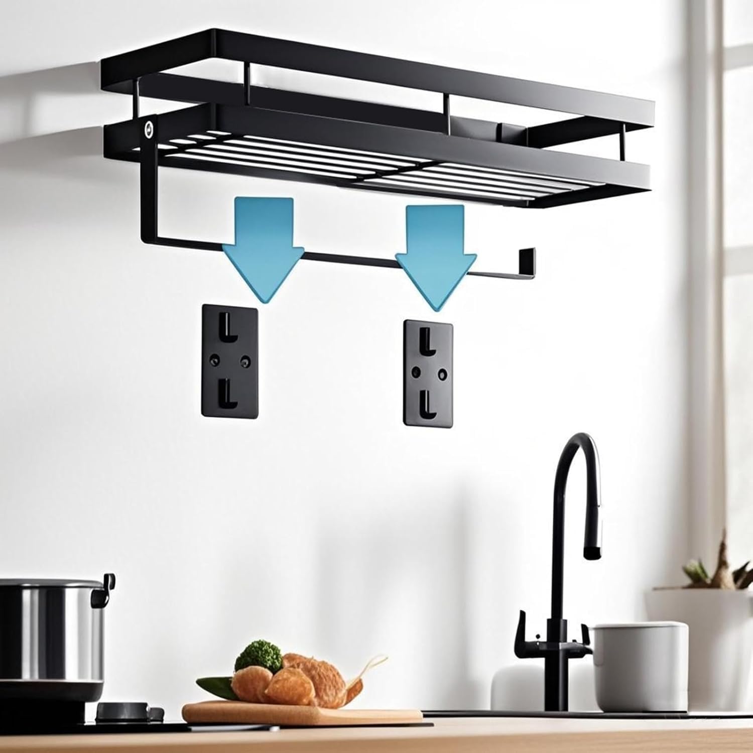Portaspezie da Parete Senza Forare con Porta Rotolo da Cucina, Mensola Cucina in Acciaio al Carbonio Nero, Organizer per Spezie con 4 Ganci per Utensili e Strofinacci