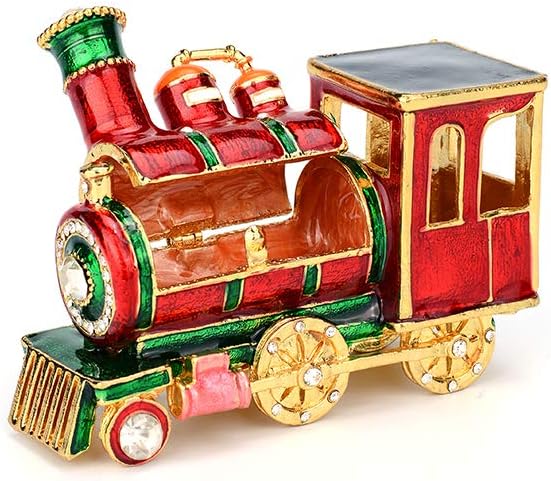 Mini Steam Train Jewelry Trinket Box Hinged Enameled Crystal Ornaments Gift for Home Decor