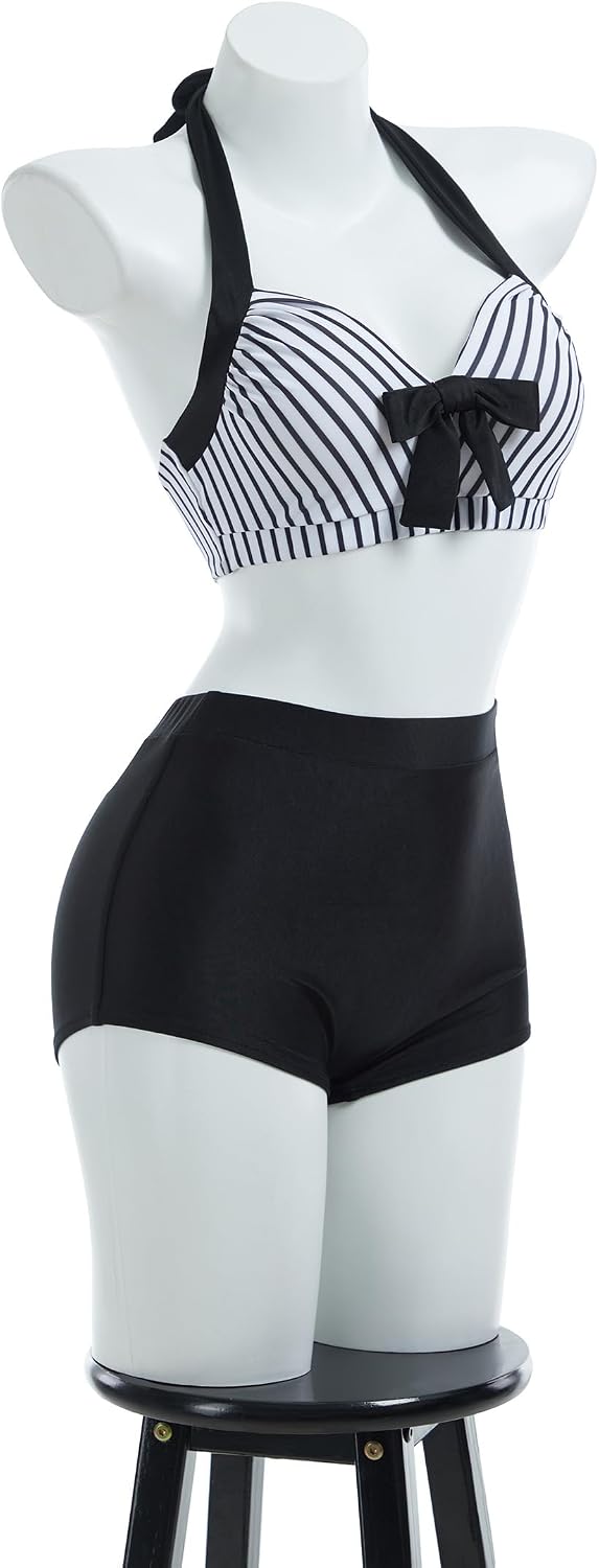daizbella Bikini Set Gothic Swimsuit for Women 40's Retro Vintage Stripes Swimwear with Overskirt