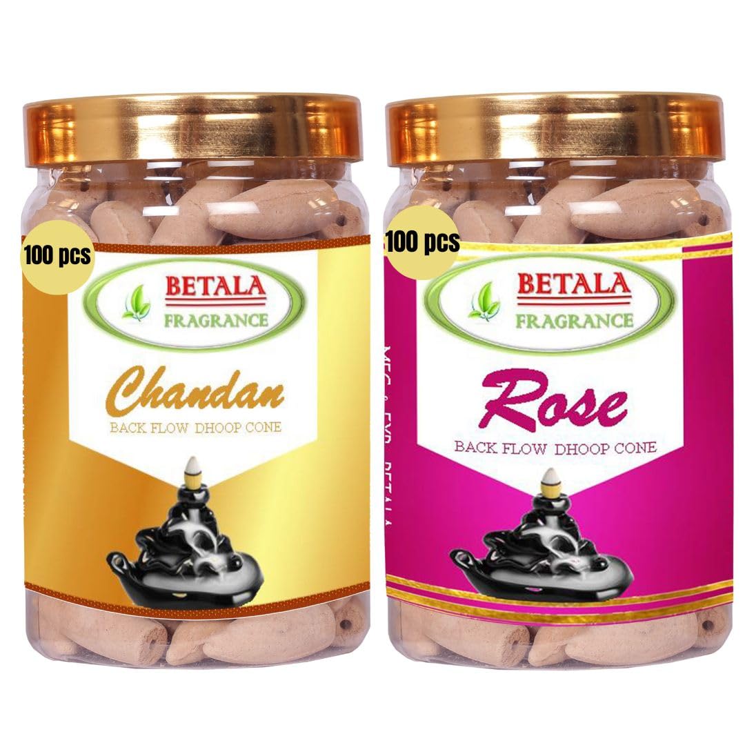 Betala Fragrance 2 in 1 Backflow Dhoop Cones, Chandan & Gulab Flavour Backflow Incense Cones, 2 Packs of 100 Pcs Back Flow Cones (Chandan & Gulab) (B0BYVWYJBX) Amazon Price History, Amazon Price Tracker