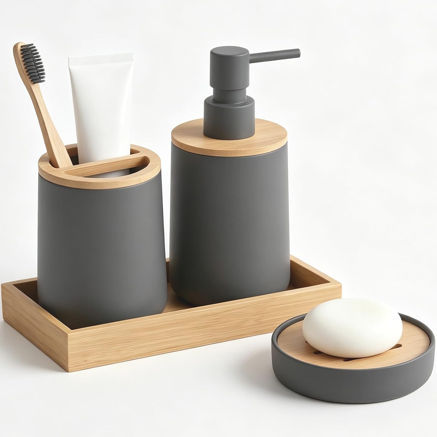 Bathroom Accessories Set 4 Piece Luxury Bamboo Bathroom Decor,Matte Black | Soft-touch Luxury Bamboo Bathroom Decor,4 Piece Bathroom Set,Bath Ensemble,Soap Dish,Tray,Dish Holder,Countertop Organizer