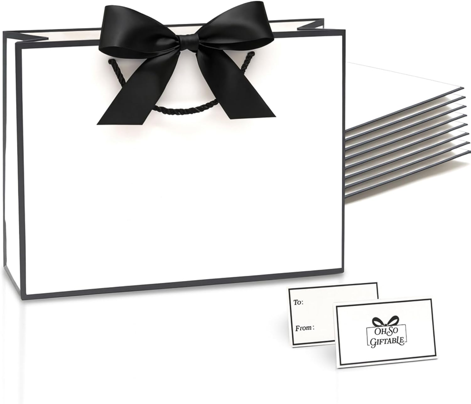 Luxury Black & White Gift Bags - Set of 8 Medium Size with Bow Ribbon and Gift Tags. Perfect for Bridesmaid Gifts, Welcome Bags for Wedding Guests, Bridal Shower Gift Bags, Corporate Events, Presents