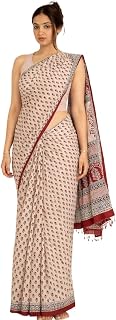 Femori Women's Elegant Linen Floral Printed Saree with Designer Pallu | Stylish Off-White & Red Casual, Office & Festival ... Price In India